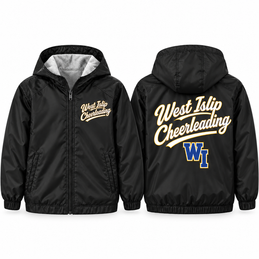 West Islip Cheer Sideline Script Youth Fleece-Lined Hooded Jacket in black, front and back