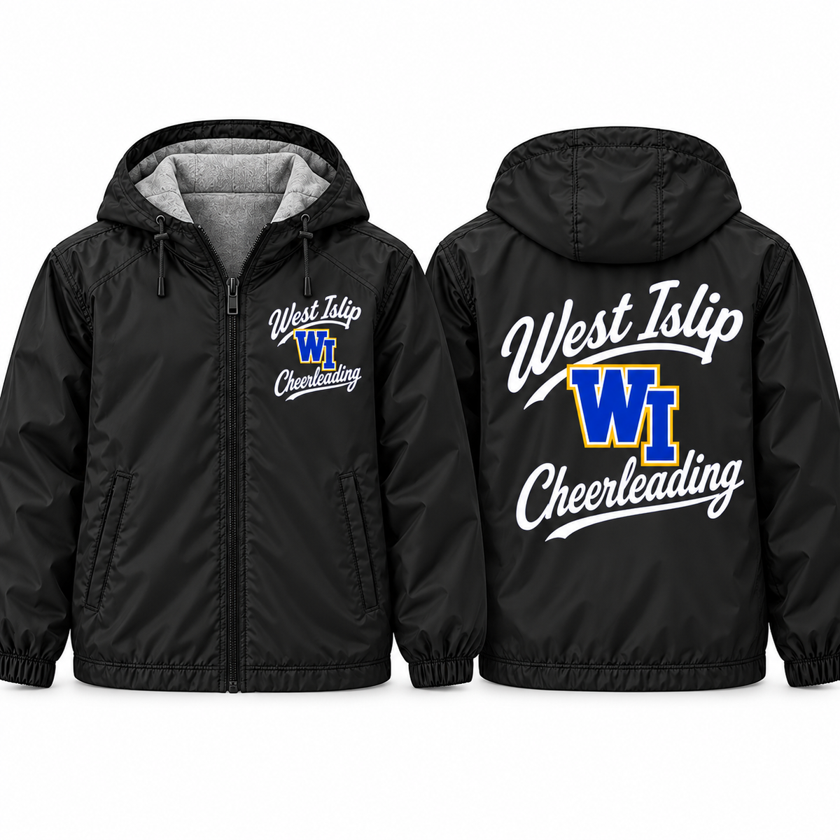 West Islip Cheer Collegiate Script Adult Unisex Fleece-Lined Hooded Jacket in black, front and back