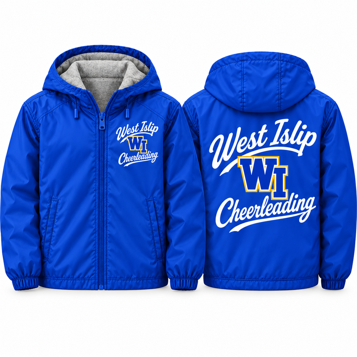 West Islip Cheer Collegiate Script Adult Unisex Fleece-Lined Hooded Jacket in royal blue, front and back