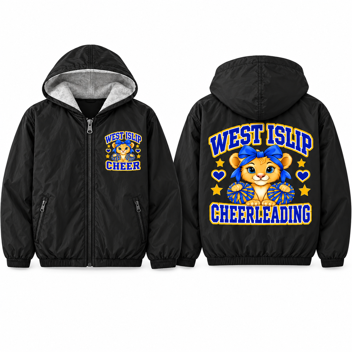 West Islip Cheer Pom-Pom Cub Youth Fleece-Lined Hooded Jacket in black, front and back