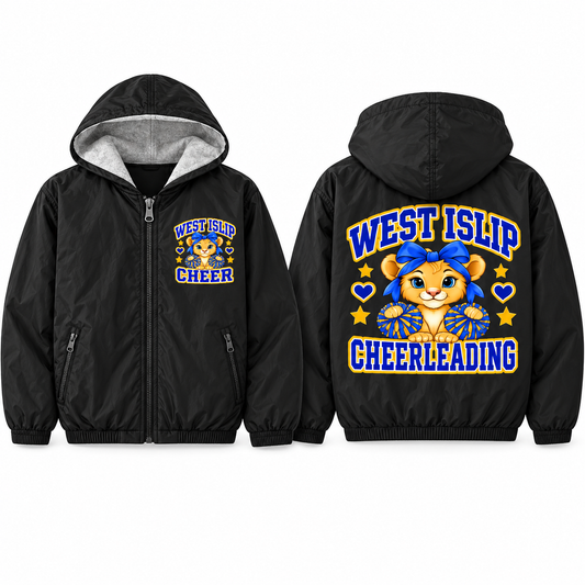 West Islip Cheer Pom-Pom Cub Youth Fleece-Lined Hooded Jacket in black, front and back