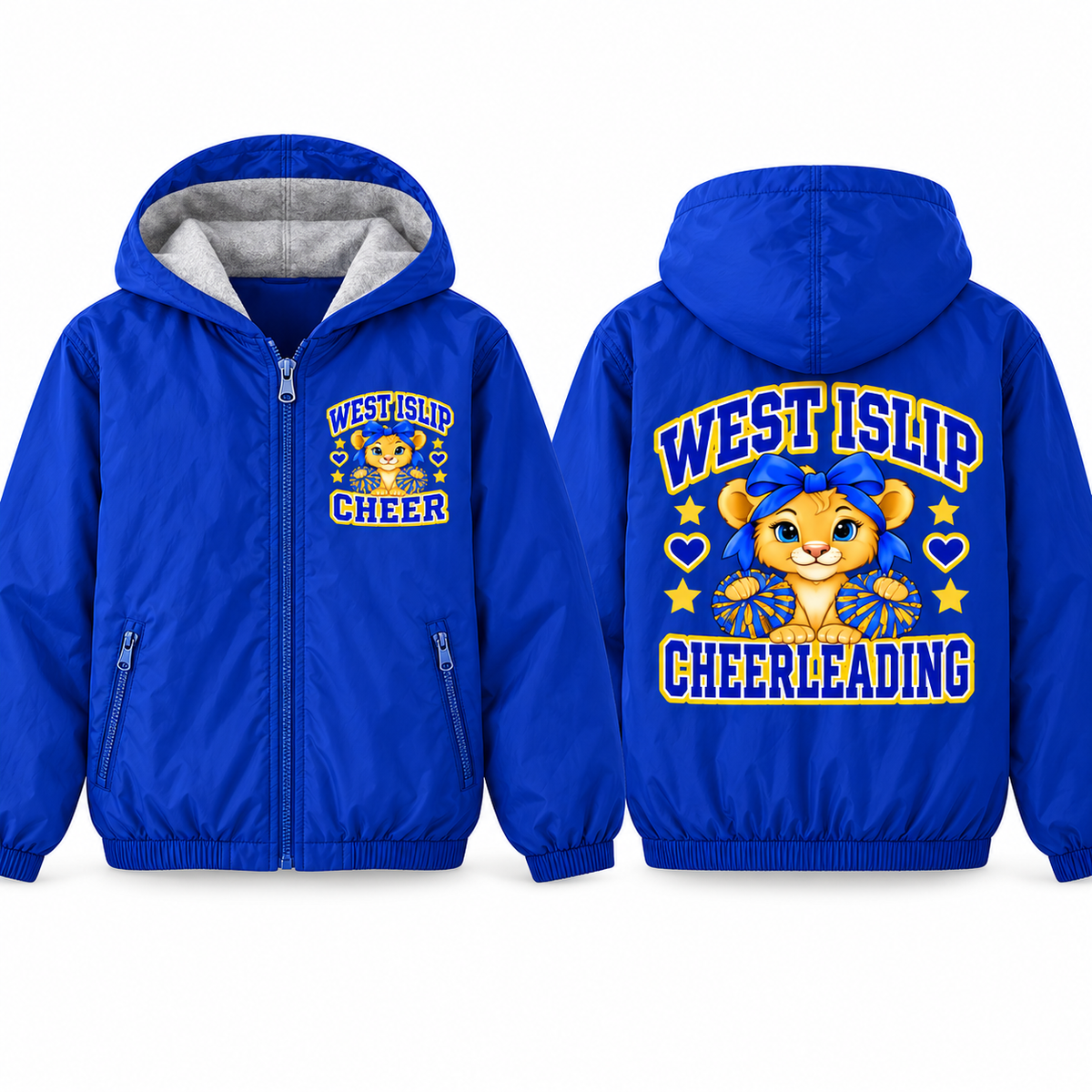 West Islip Cheer Pom-Pom Cub Youth Fleece-Lined Hooded Jacket in royal blue, front and back