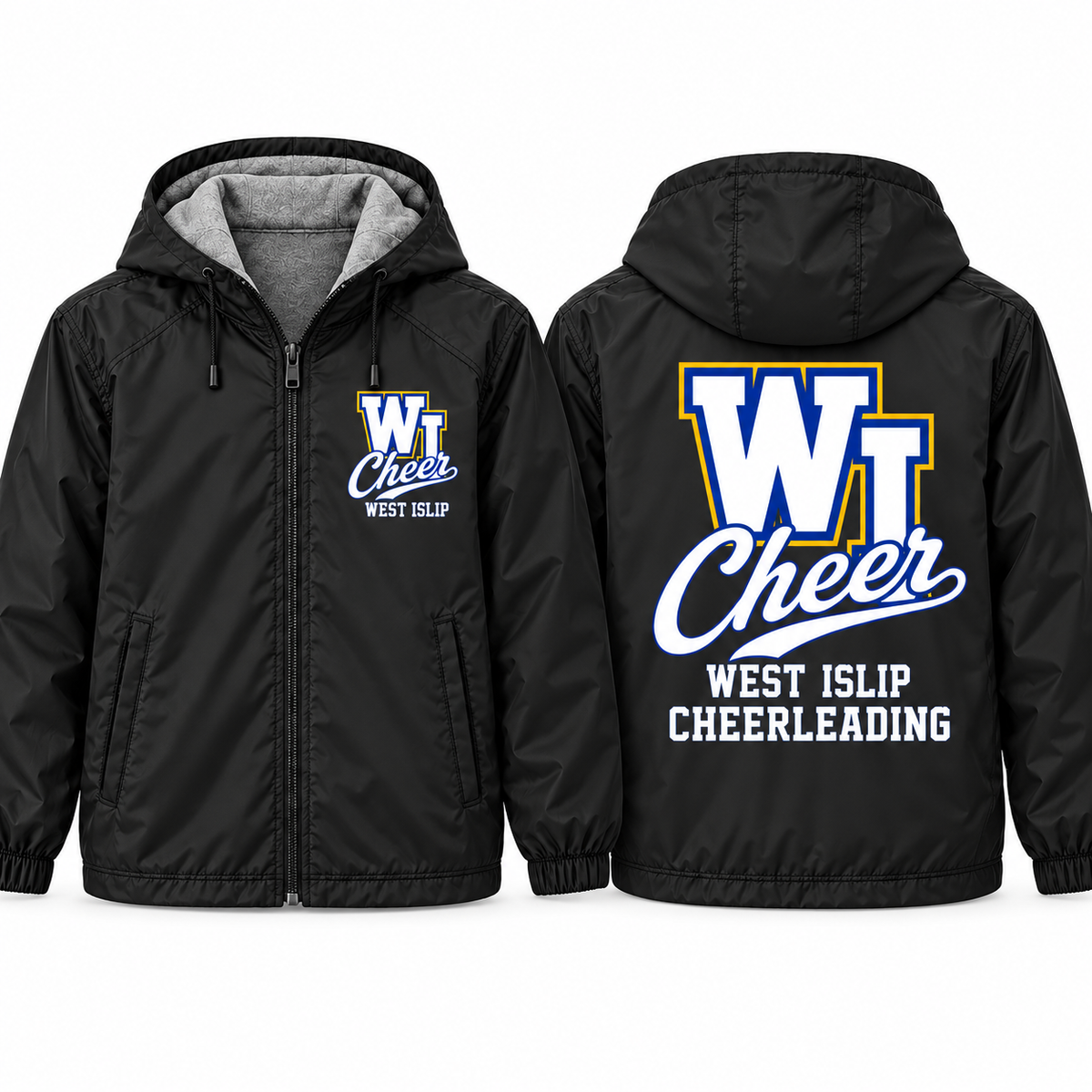 West Islip Cheer Varsity Cheer Adult Unisex Fleece-Lined Hooded Jacket in black, front and back