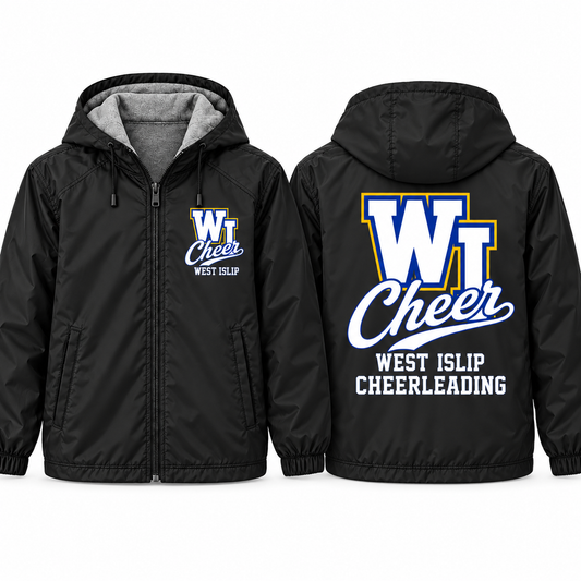 West Islip Cheer Varsity Cheer Adult Unisex Fleece-Lined Hooded Jacket in black, front and back