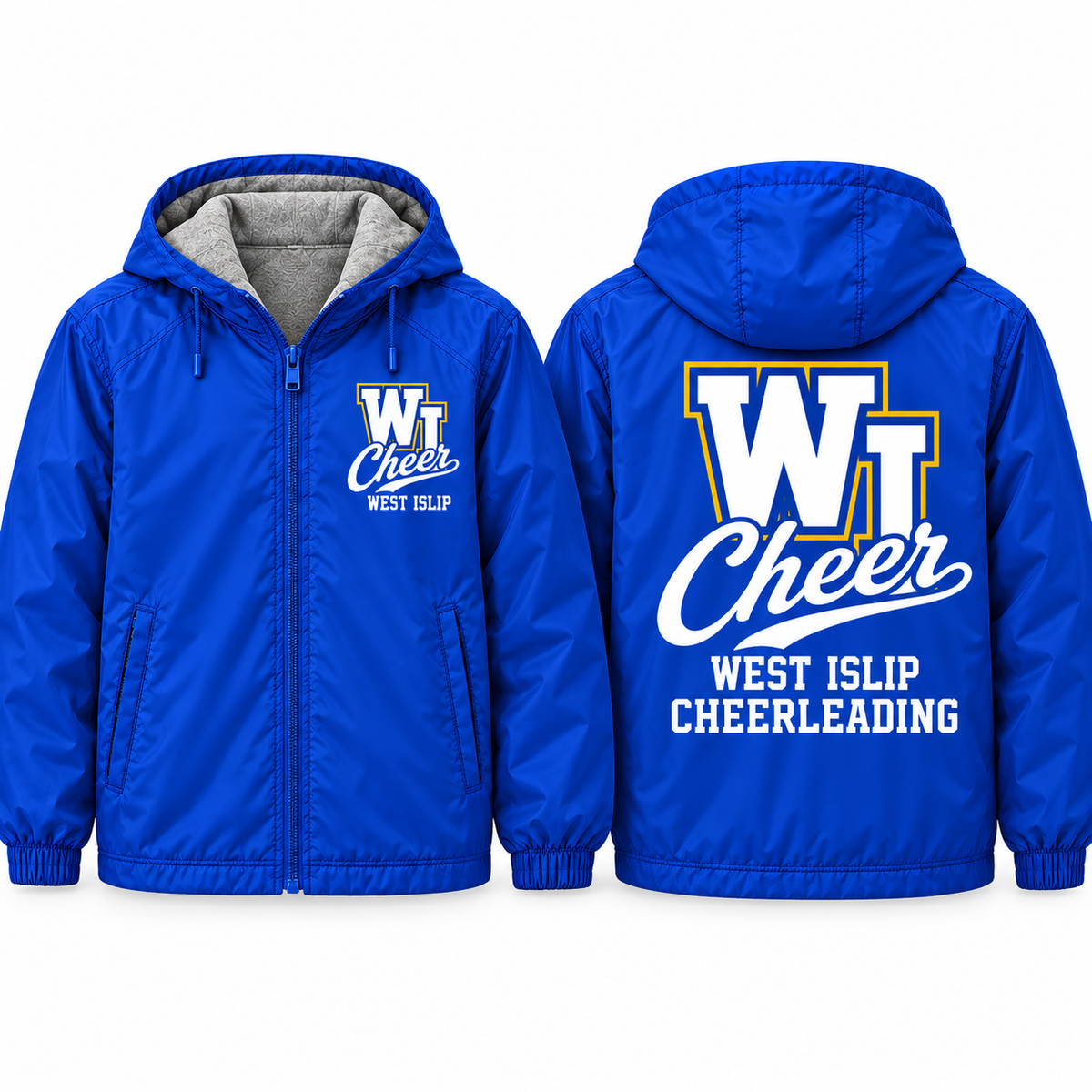 West Islip Cheer Varsity Cheer Adult Unisex Fleece-Lined Hooded Jacket in royal blue, front and back