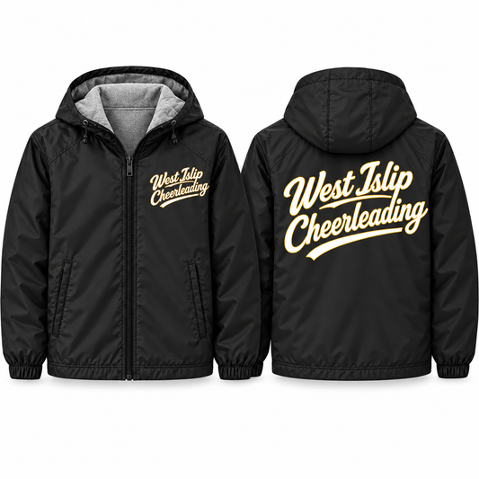 West Islip Cheer Sideline Script Adult Unisex Fleece-Lined Hooded Jacket in black, front and back