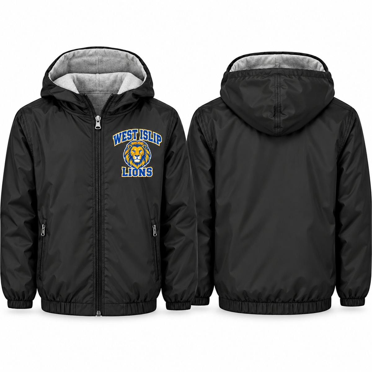 West Islip Lions Collegiate Crest Youth Fleece-Lined Hooded Jacket in black, front and back