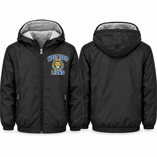 West Islip Lions Collegiate Crest Youth Fleece-Lined Hooded Jacket in black, front and back