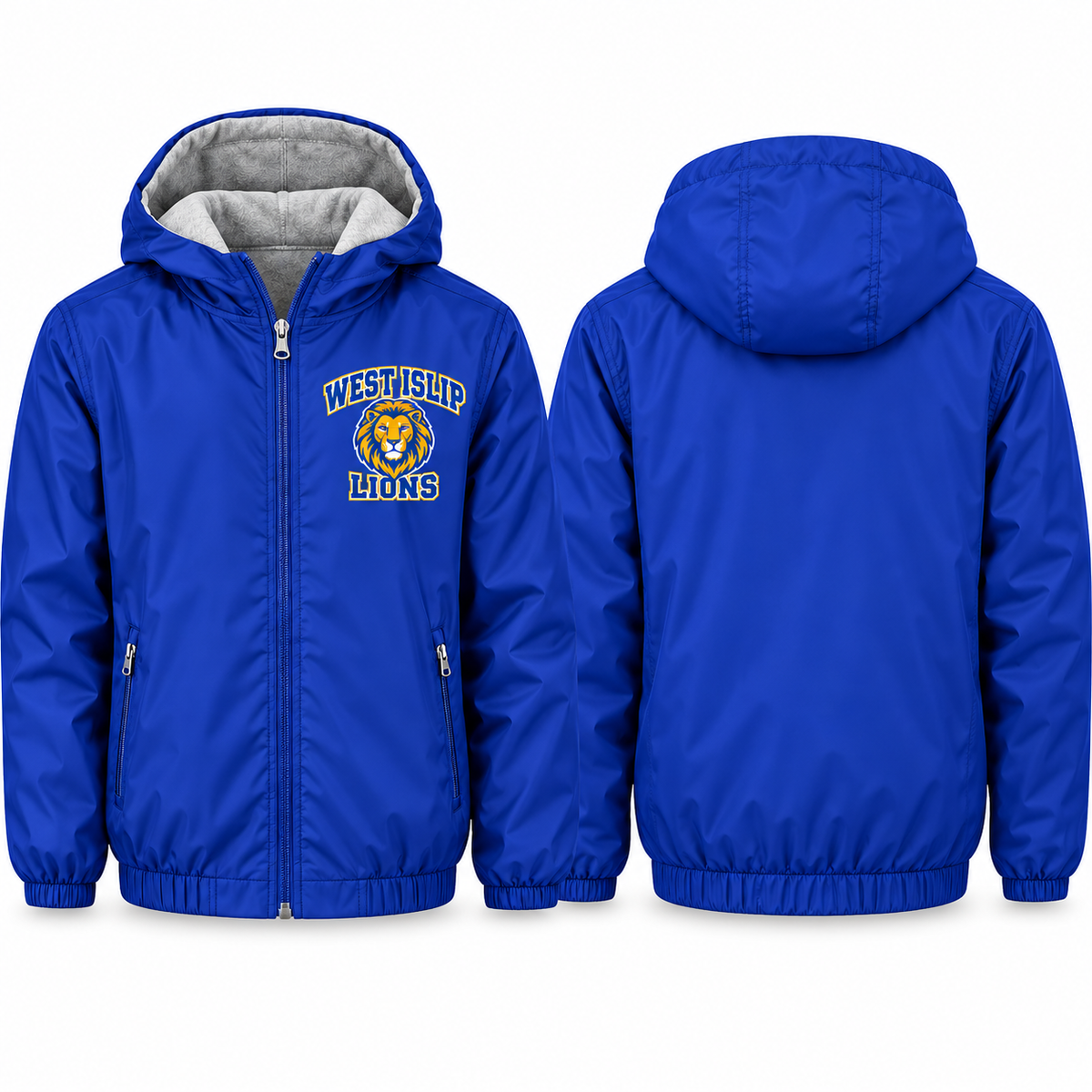 West Islip Lions Collegiate Crest Youth Fleece-Lined Hooded Jacket in royal blue, front and back