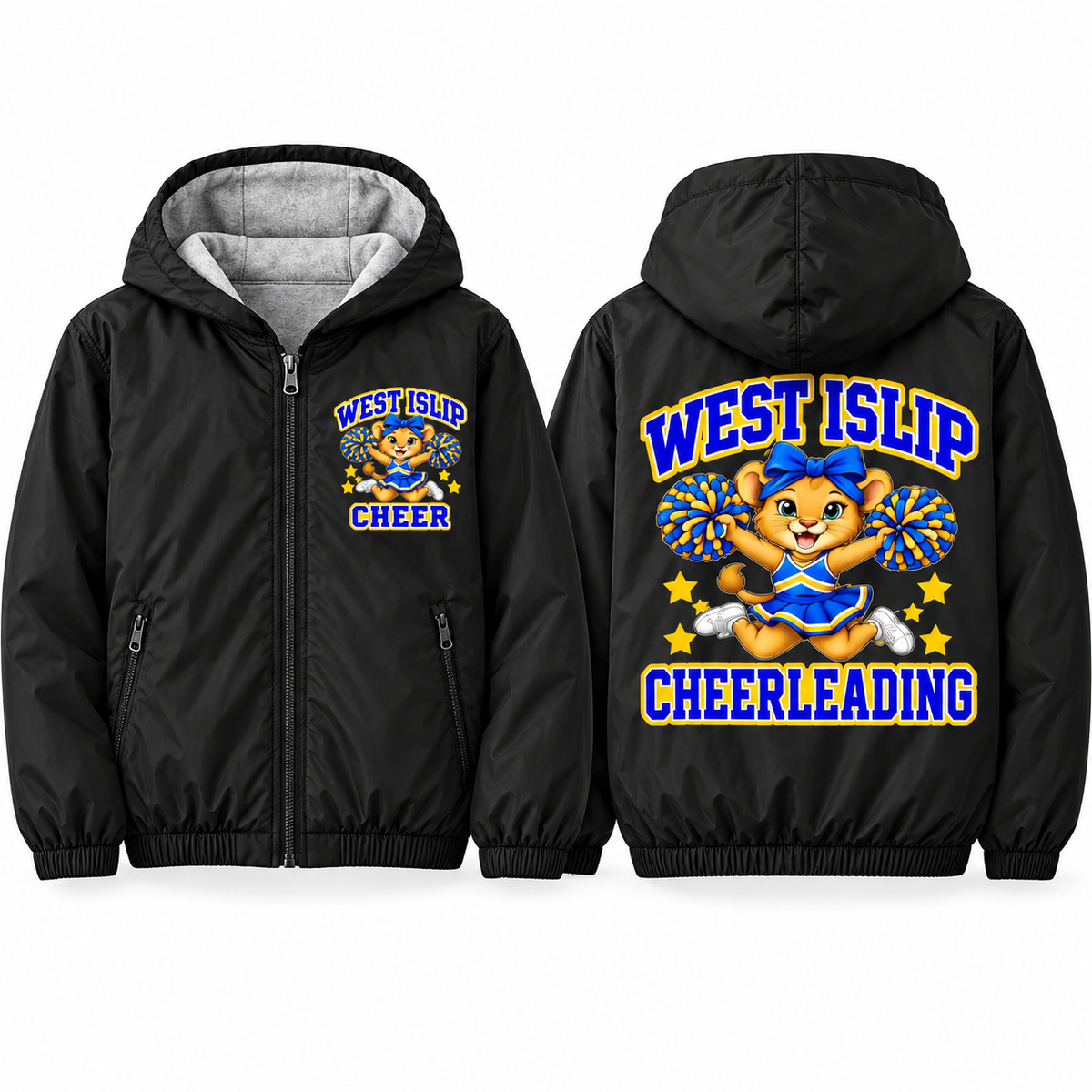 West Islip Cheer Jumping Cub Youth Fleece-Lined Hooded Jacket in black, front and back