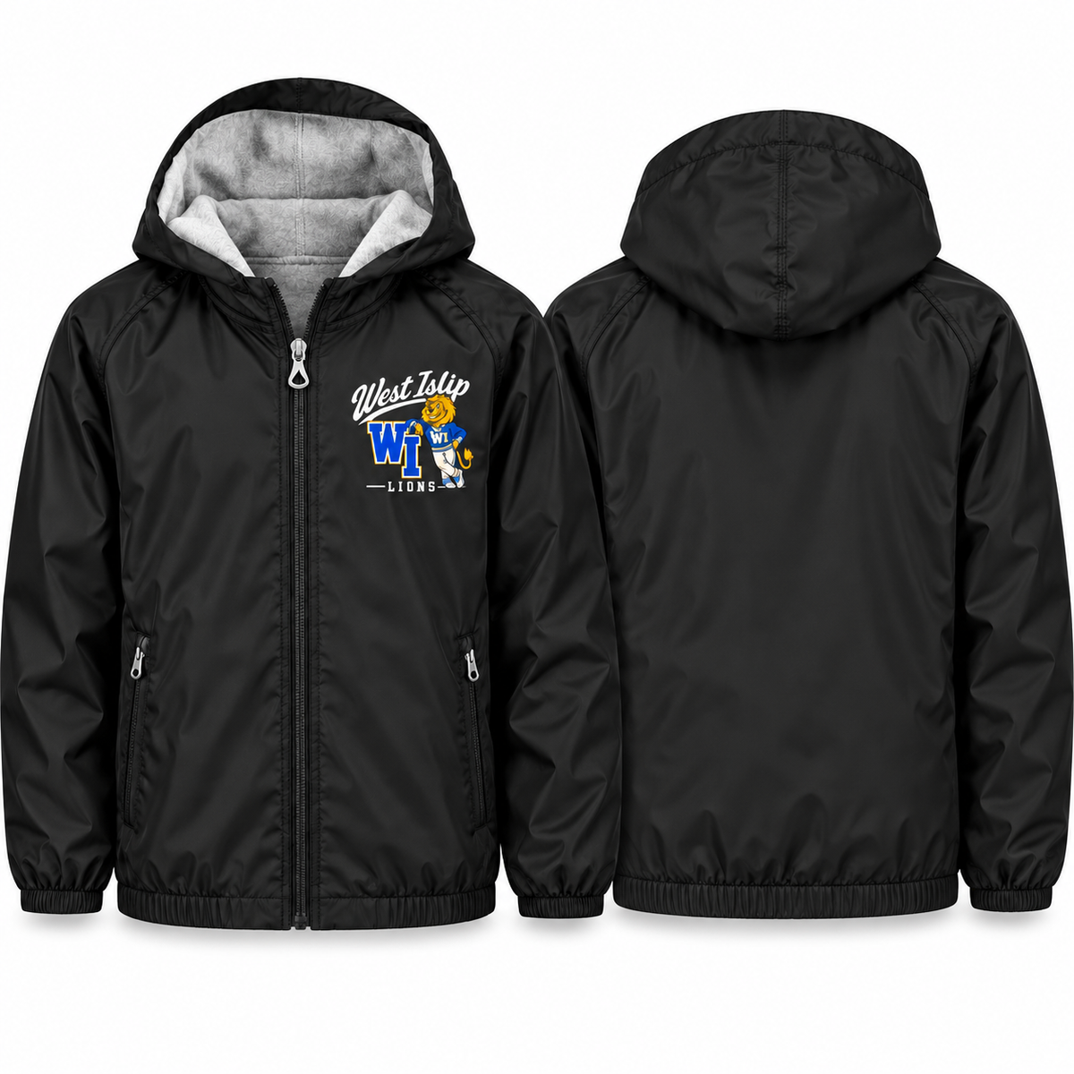 West Islip Lions Heritage Script Youth Fleece-Lined Hooded Jacket in black, front and back