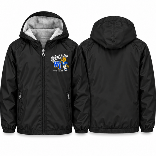 West Islip Lions Heritage Script Youth Fleece-Lined Hooded Jacket in black, front and back