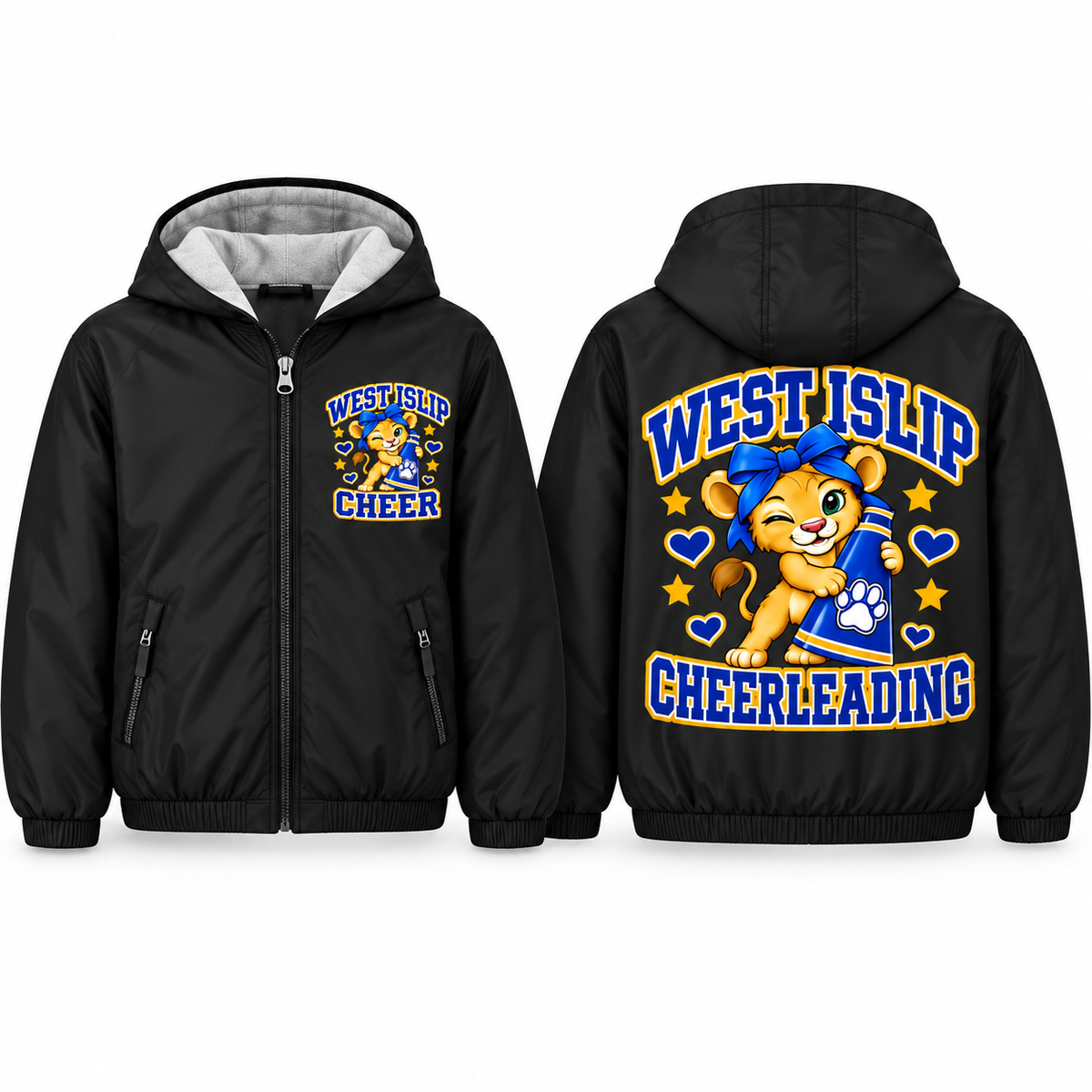 West Islip Cheer Winking Megaphone Cub Youth Fleece-Lined Hooded Jacket in black, front and back