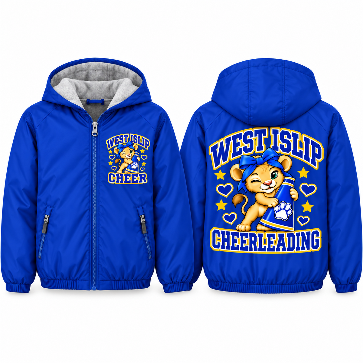 West Islip Cheer Winking Megaphone Cub Youth Fleece-Lined Hooded Jacket in royal blue, front and back