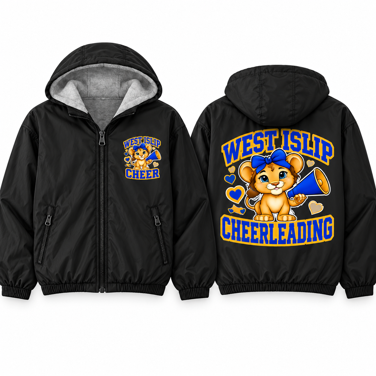 West Islip Cheer Seated Megaphone Cub Youth Fleece-Lined Hooded Jacket in black, front and back