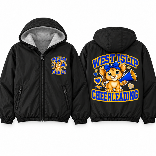 West Islip Cheer Seated Megaphone Cub Youth Fleece-Lined Hooded Jacket in black, front and back