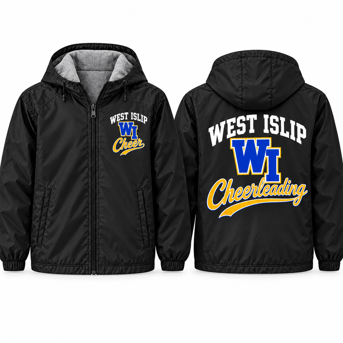 West Islip Cheer Heritage Arch Adult Unisex Fleece-Lined Hooded Jacket in black, front and back