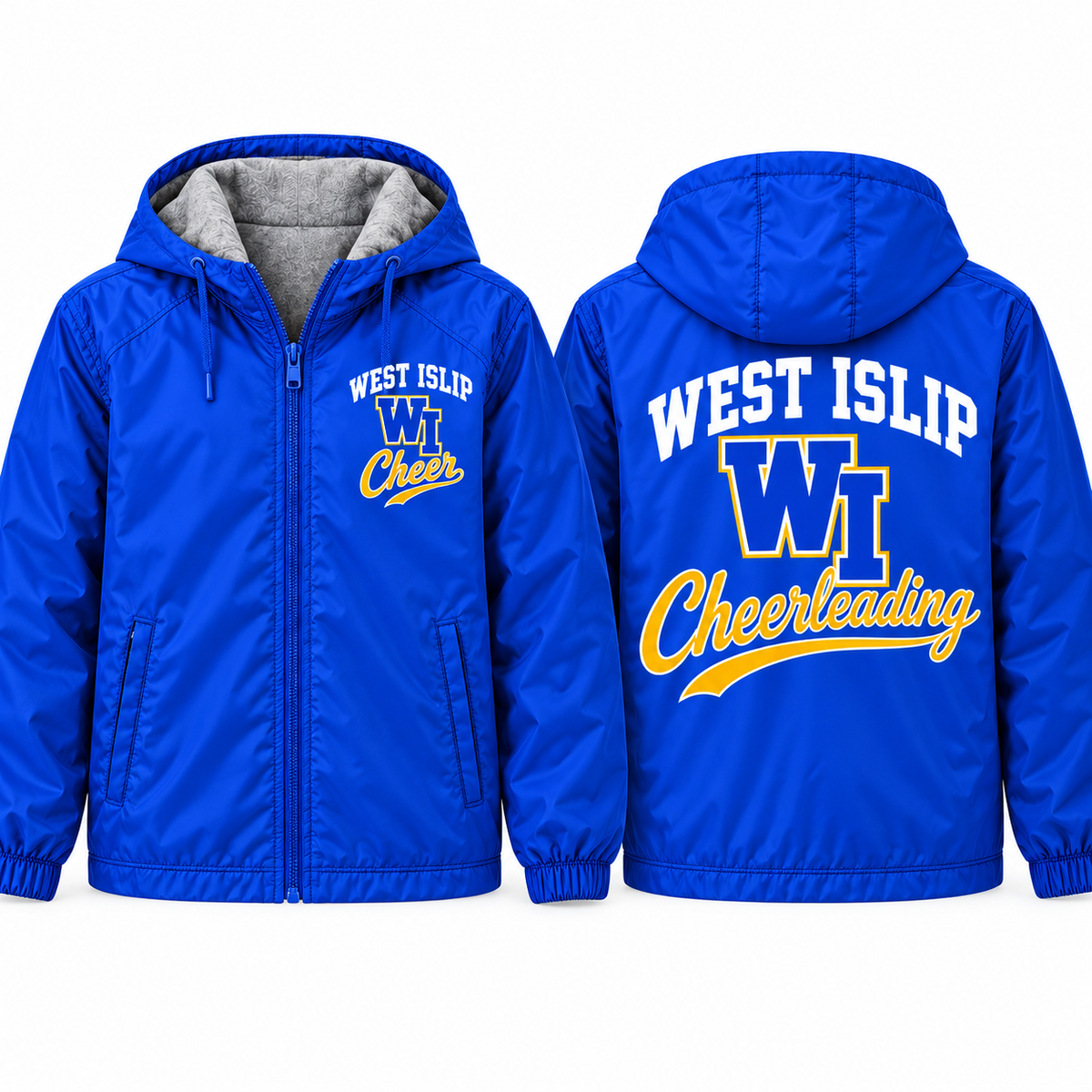 West Islip Cheer Heritage Arch Adult Unisex Fleece-Lined Hooded Jacket in royal blue, front and back