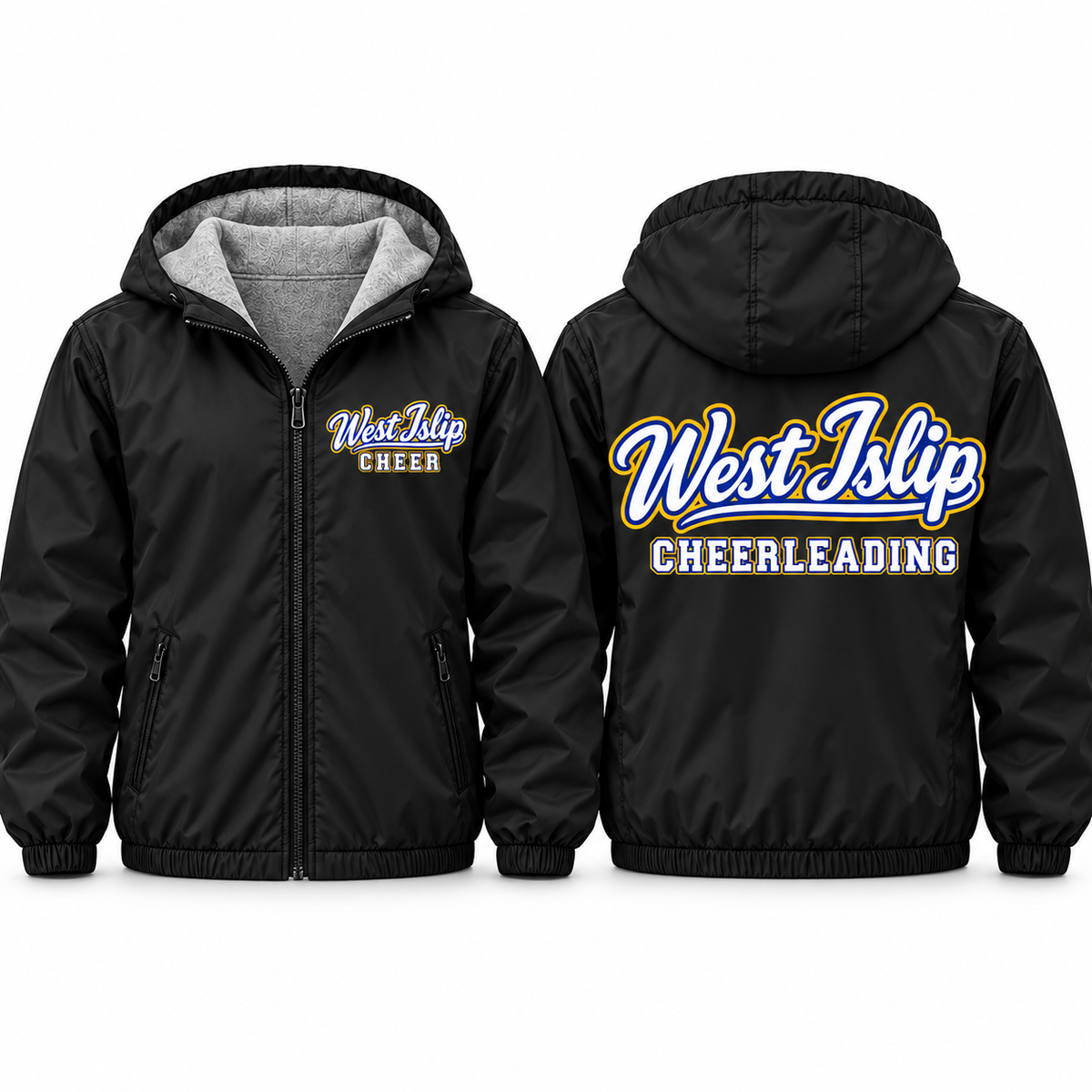 West Islip Cheerleading Signature Script Youth Fleece-Lined Hooded Jacket in black, front and back
