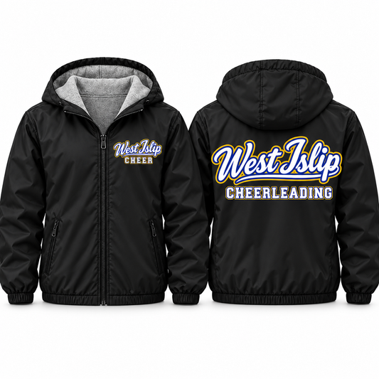 West Islip Cheerleading Signature Script Youth Fleece-Lined Hooded Jacket in black, front and back