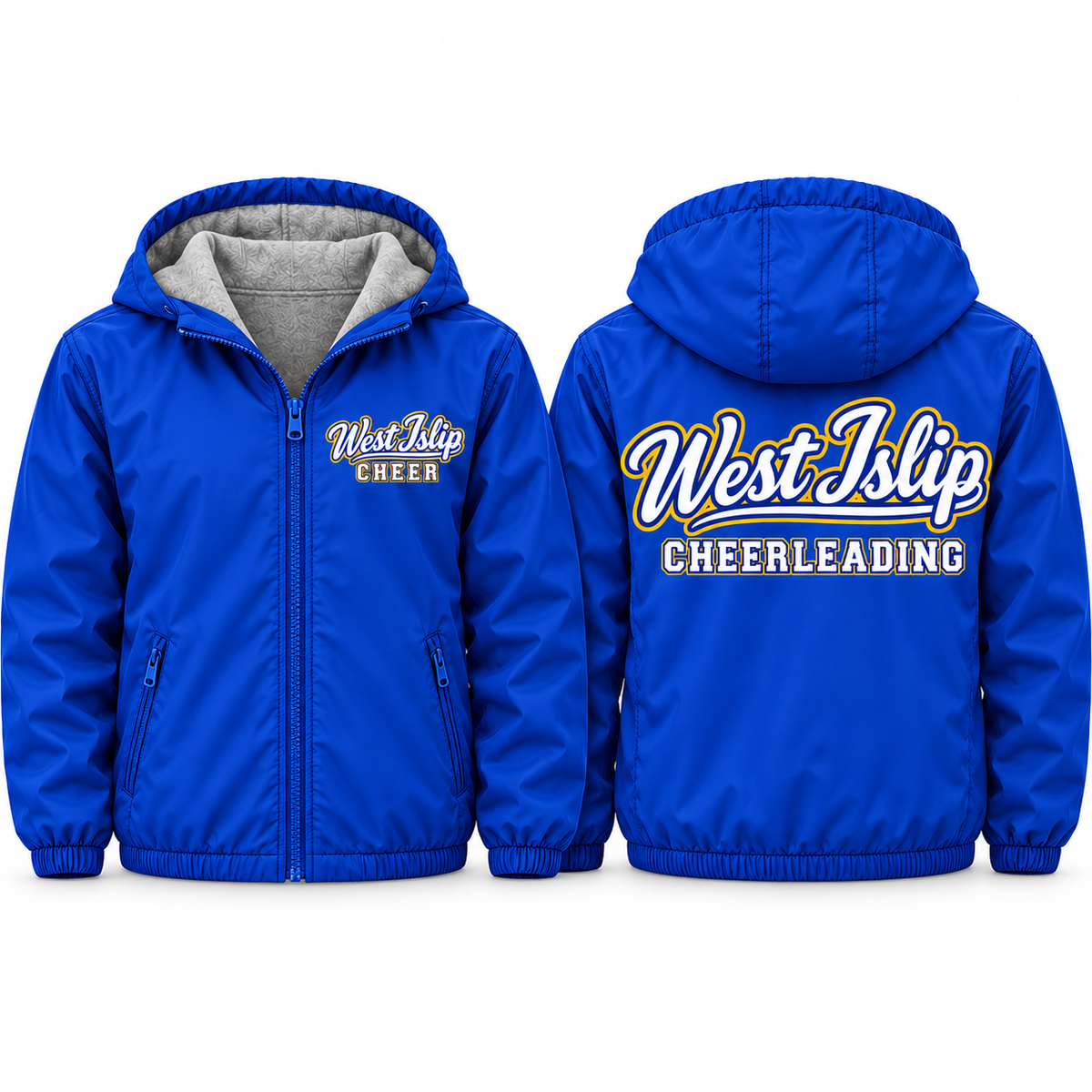 West Islip Cheerleading Signature Script Youth Fleece-Lined Hooded Jacket in royal blue, front and back