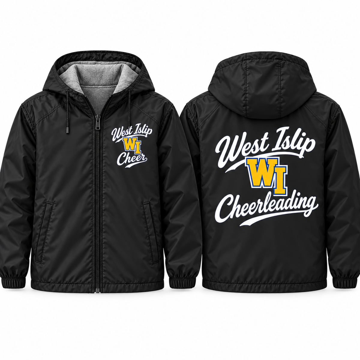 West Islip Cheer Classic Cheer Adult Unisex Fleece-Lined Hooded Jacket in black, front and back