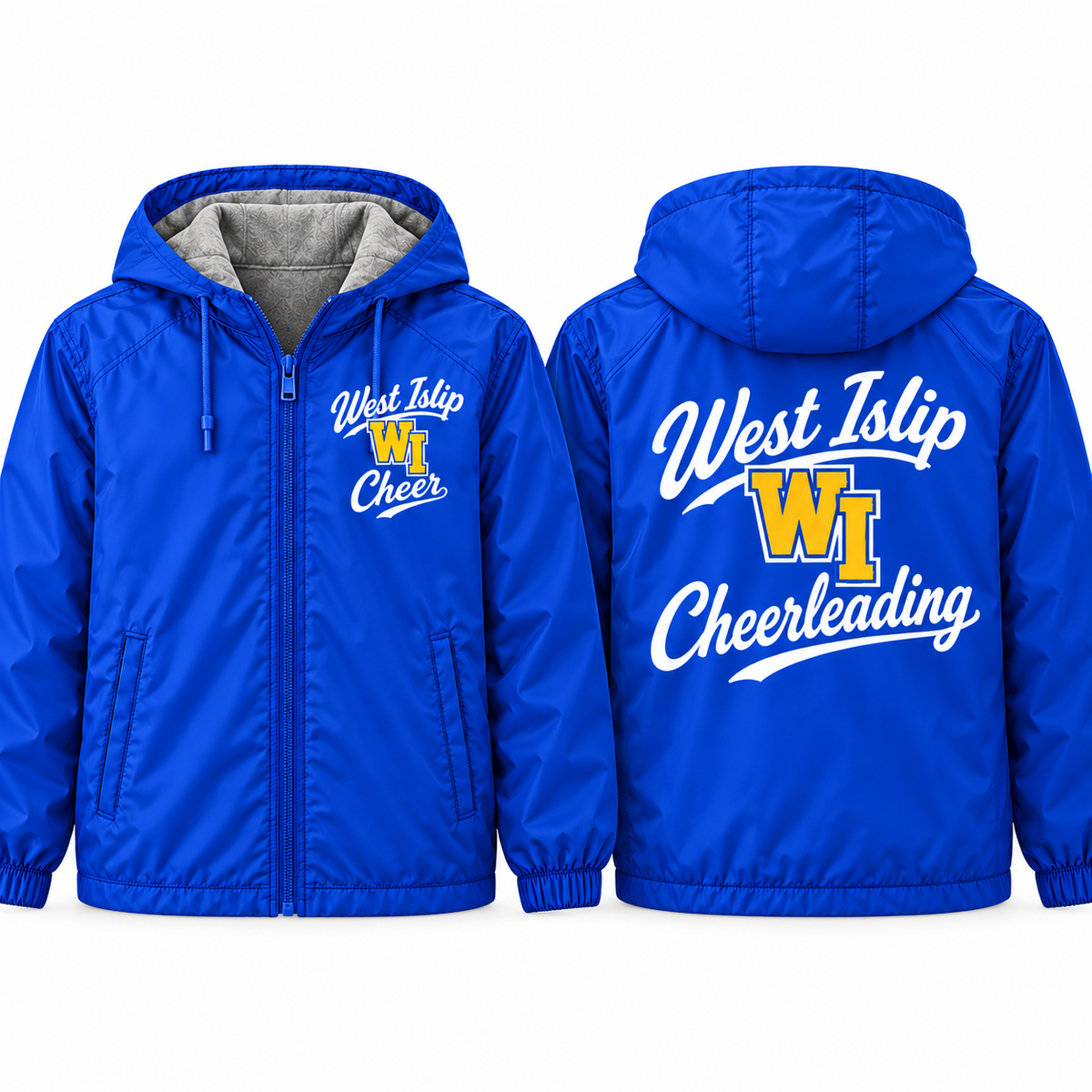 West Islip Cheer Classic Cheer Adult Unisex Fleece-Lined Hooded Jacket in royal blue, front and back