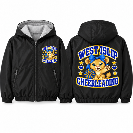 West Islip Cheer Waving Cub Youth Fleece-Lined Hooded Jacket in black, front and back