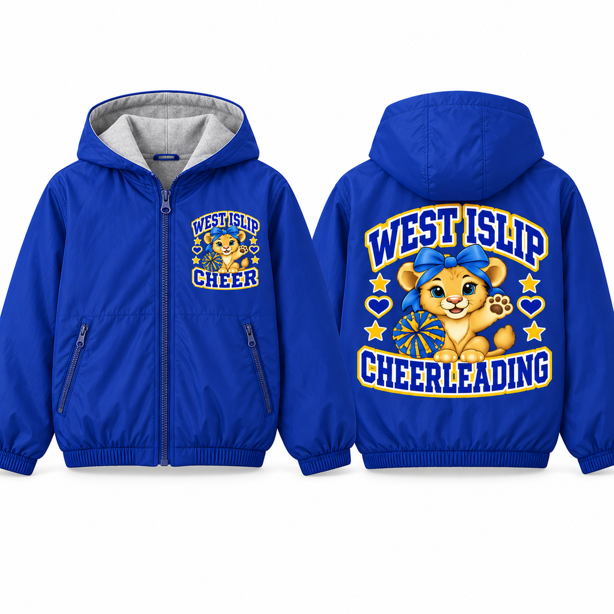 West Islip Cheer Waving Cub Youth Fleece-Lined Hooded Jacket in royal blue, front and back