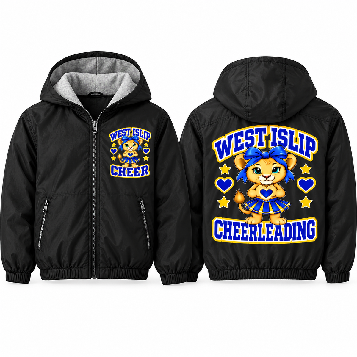 West Islip Cheer Bow Heart Cub Youth Fleece-Lined Hooded Jacket in black, front and back