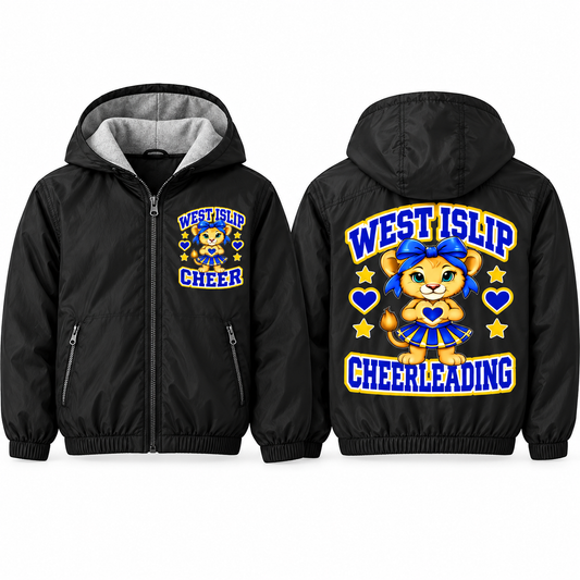 West Islip Cheer Bow Heart Cub Youth Fleece-Lined Hooded Jacket in black, front and back