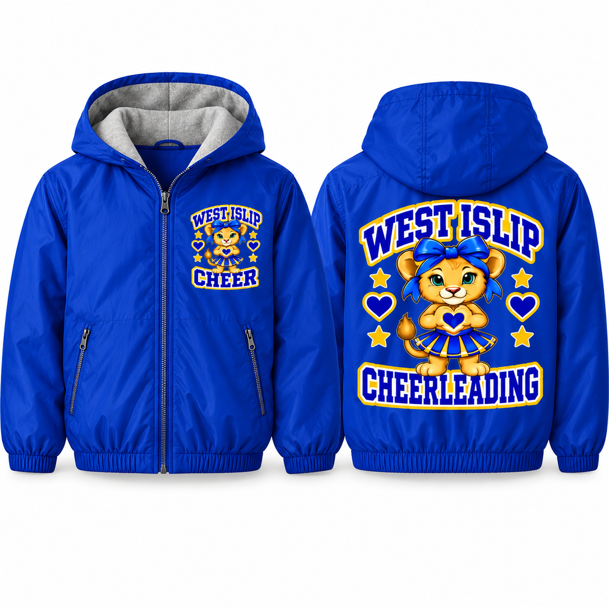 West Islip Cheer Bow Heart Cub Youth Fleece-Lined Hooded Jacket in royal blue, front and back