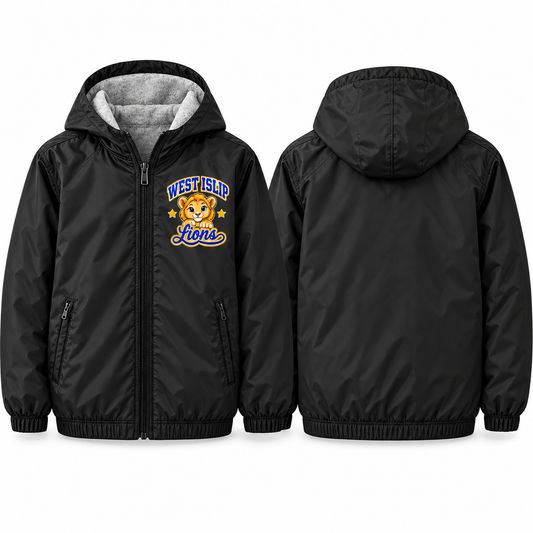 West Islip Lions Classic Cub Youth Fleece-Lined Hooded Jacket in black, front and back