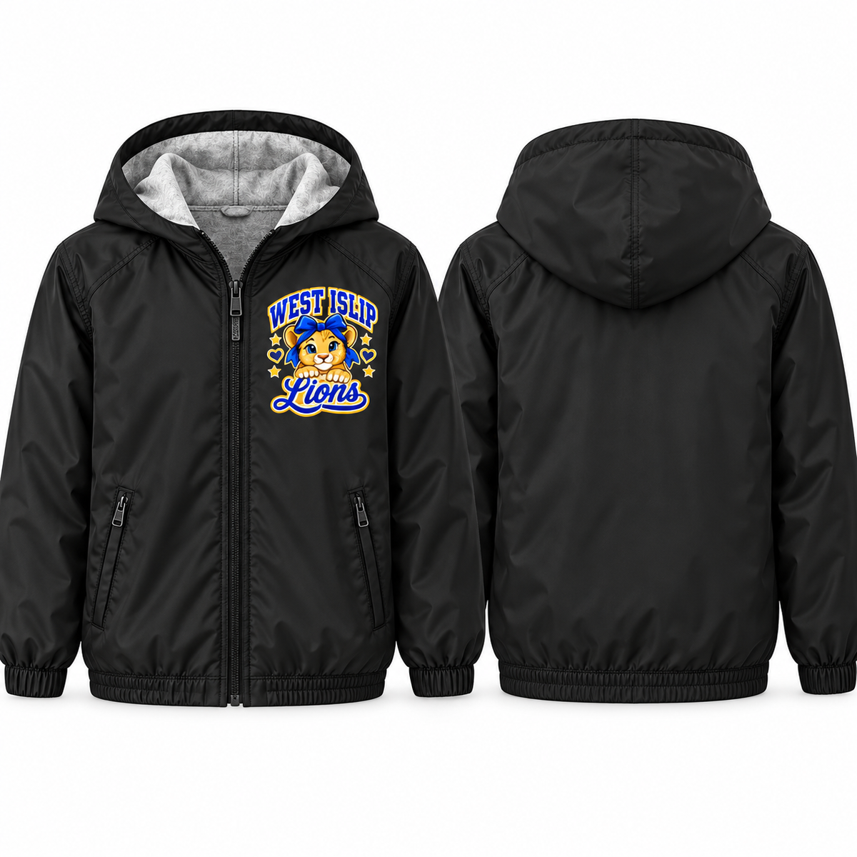 West Islip Lions Bow Cub Youth Fleece-Lined Hooded Jacket in black, front and back