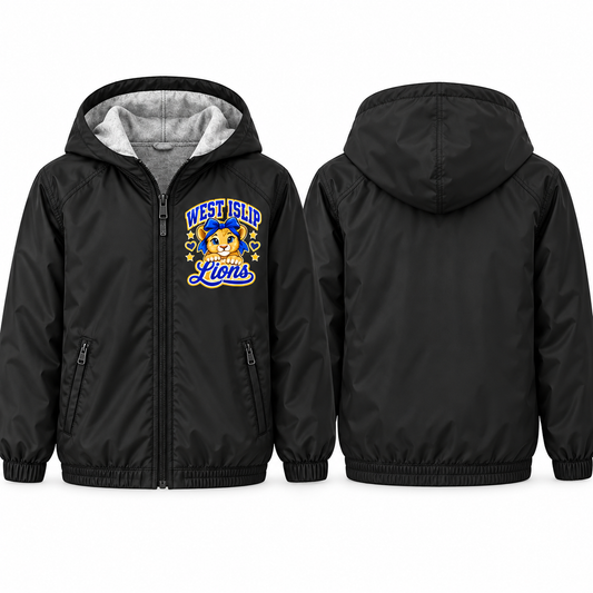 West Islip Lions Bow Cub Youth Fleece-Lined Hooded Jacket in black, front and back