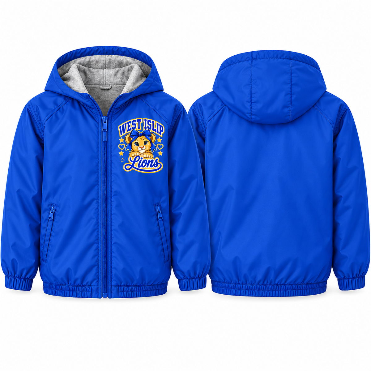 West Islip Lions Bow Cub Youth Fleece-Lined Hooded Jacket in royal blue, front and back