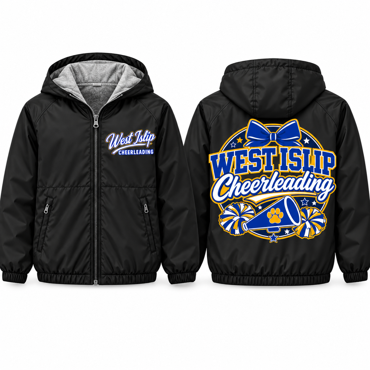 West Islip Cheerleading Bow and Megaphone Youth Fleece-Lined Hooded Jacket in black, front and back