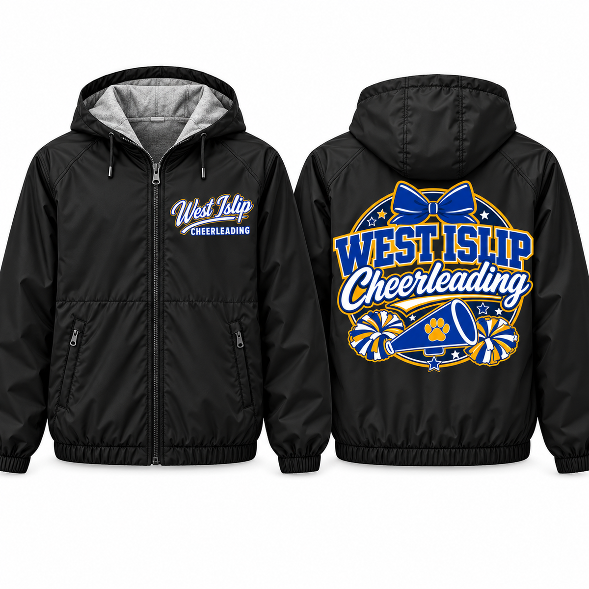 West Islip Cheerleading Bow and Megaphone Adult Unisex Fleece-Lined Hooded Jacket in black, front and back