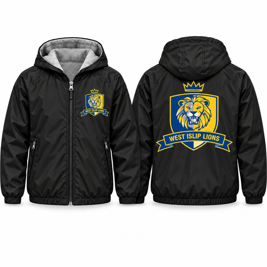 West Islip Lions Crown Shield Youth Fleece-Lined Hooded Jacket in black, front and back