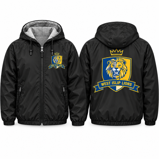 West Islip Lions Crown Shield Adult Unisex Fleece-Lined Hooded Jacket in black, front and back
