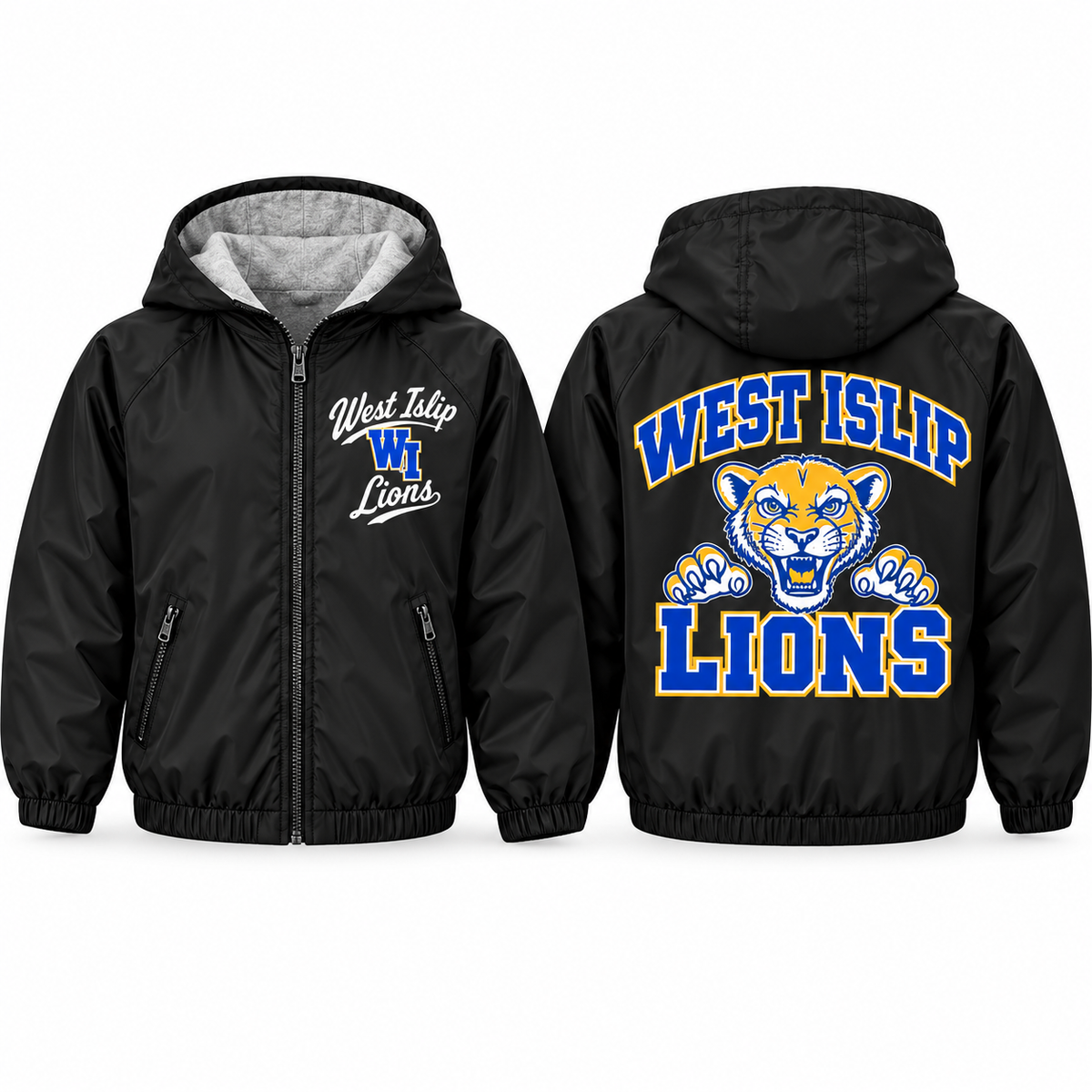 West Islip Lions Collegiate Script Youth Fleece-Lined Hooded Jacket in black, front and back