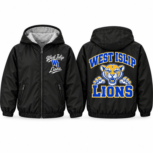 West Islip Lions Collegiate Script Youth Fleece-Lined Hooded Jacket in black, front and back