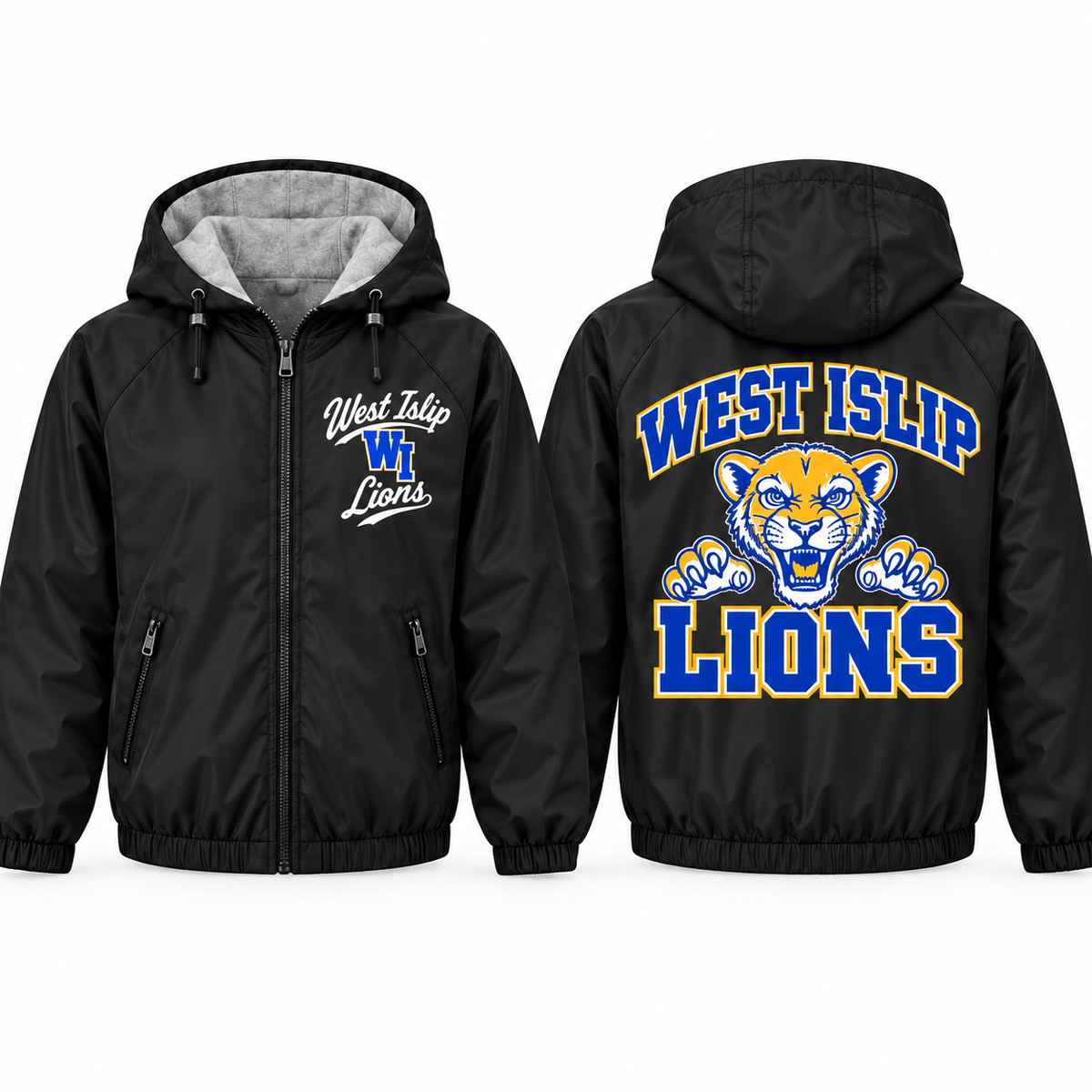 West Islip Lions Collegiate Script Adult Unisex Fleece-Lined Hooded Jacket in black, front and back