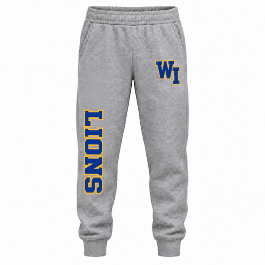 West Islip Lions Varsity Youth Joggers - Heather Gray with slim lower-leg LIONS print