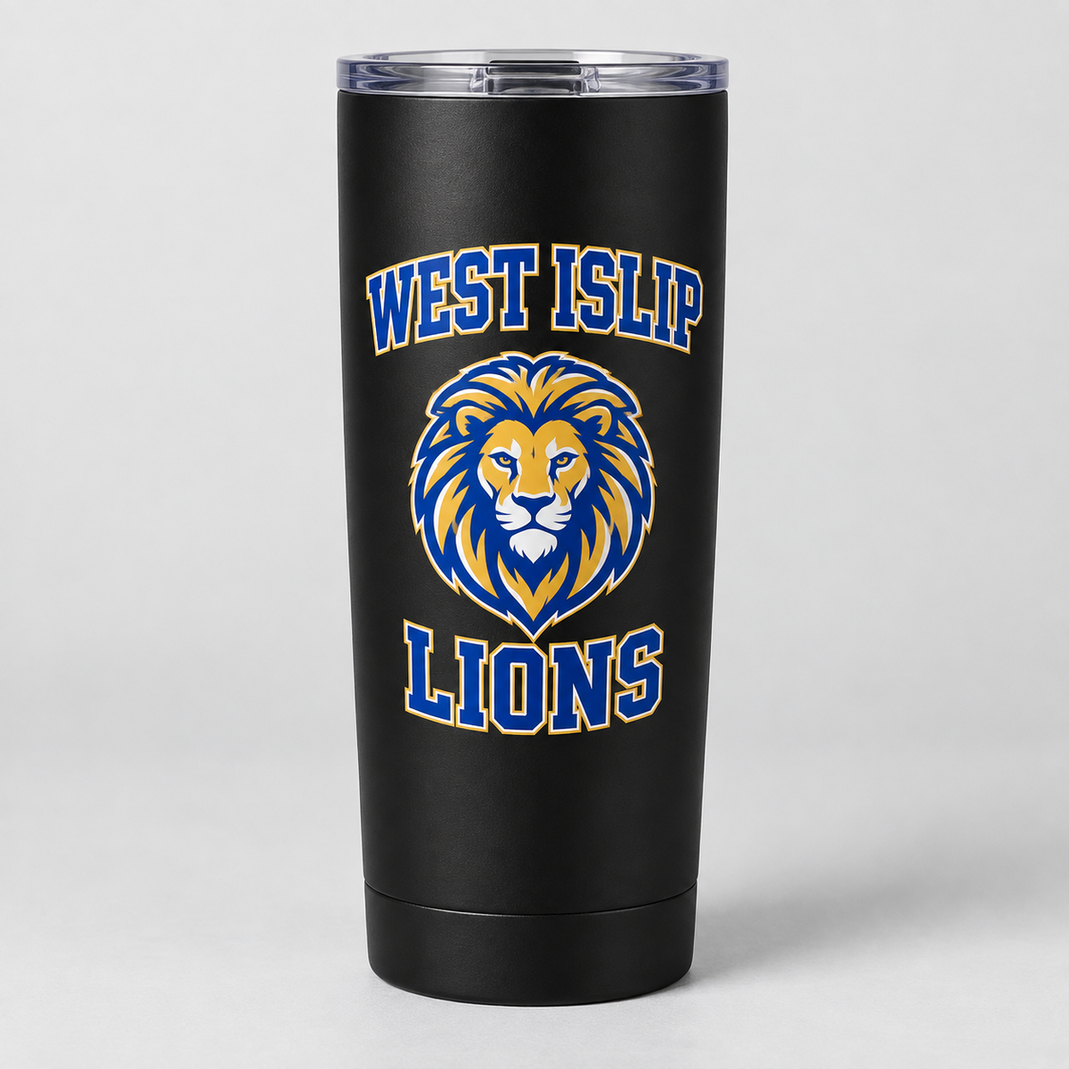 West Islip Lions slim tumbler in black, front view