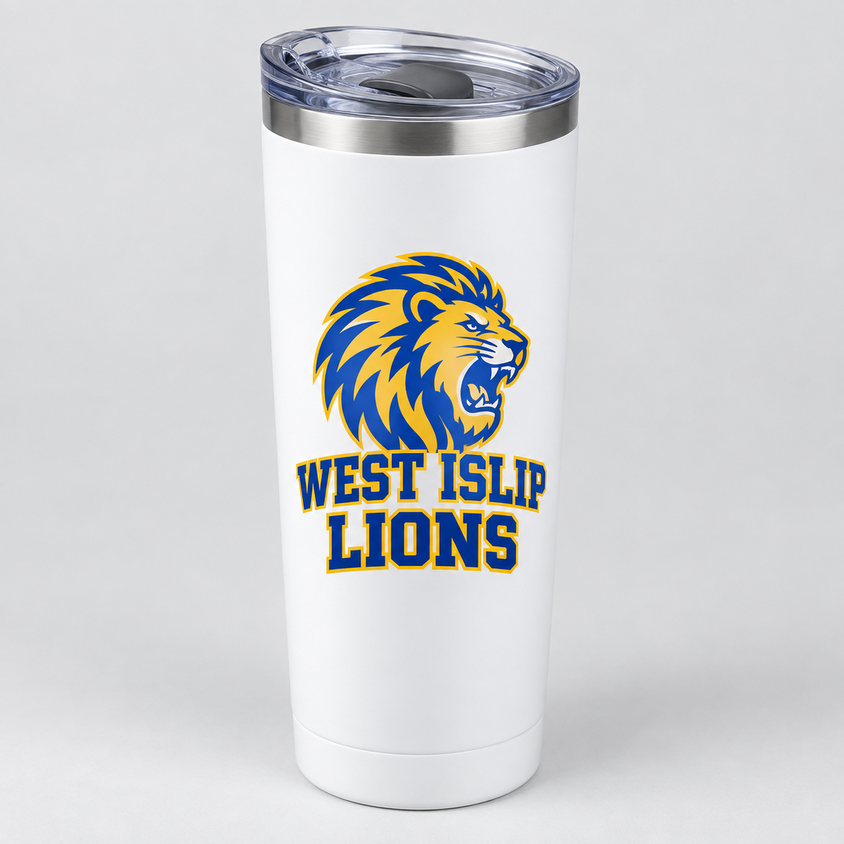 West Islip Lions white slim tumbler, angled detail view