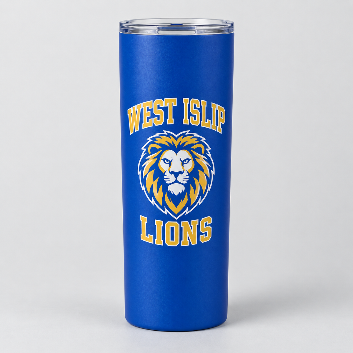 West Islip Lions slim tumbler in royal blue, front view