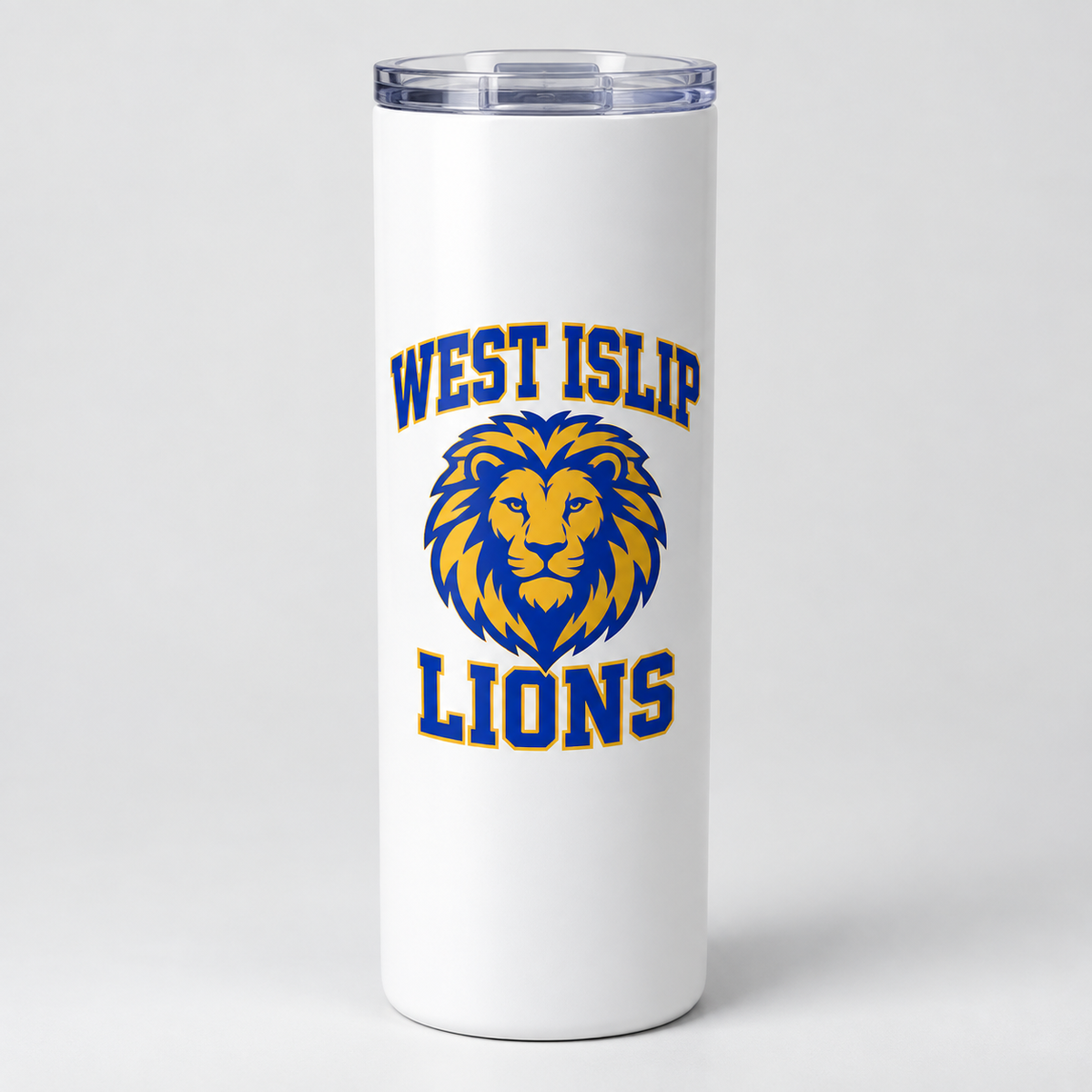 West Islip Lions slim tumbler in white, front view
