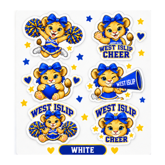 West Islip Cheer six-pose Little Lions sticker pack, blue and gold artwork on white