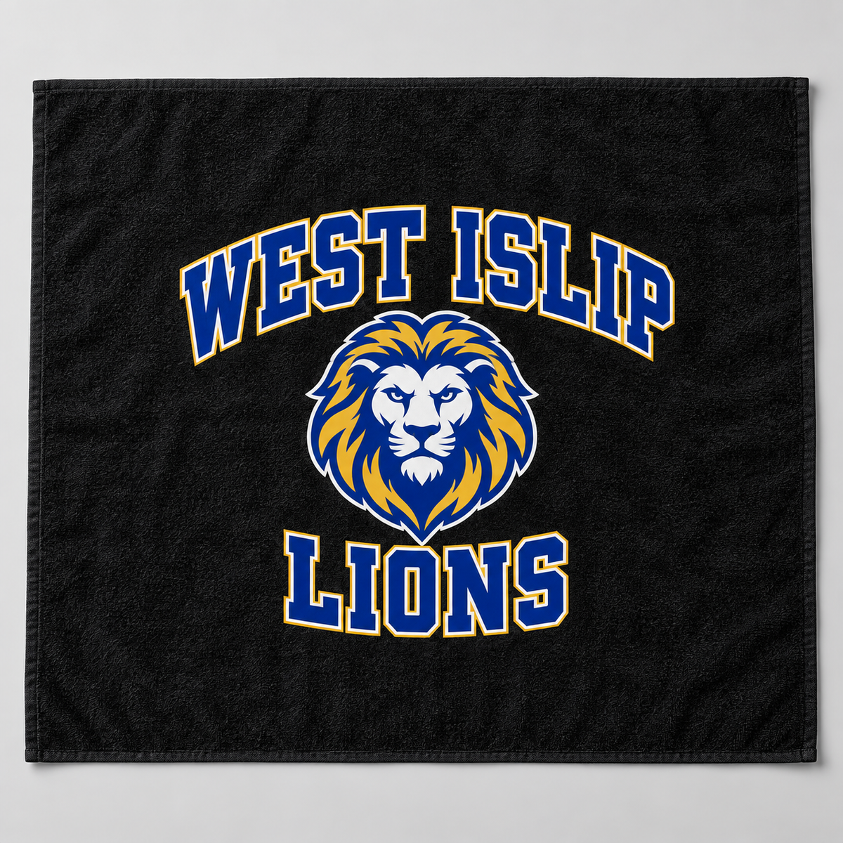 West Islip Lions black beach towel, full front view